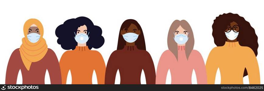 Group of women of diverse race weating face masks for pandemic protection from covid19. Flat design vector illustration.. Group of women of diverse race weating face masks for pandemic protection from covid19.