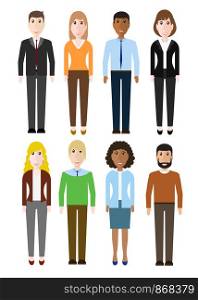 Group of working people diversity, diverse business men and business women standing on white background. Vector illustration of flat design people characters.