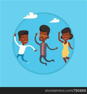 Group of young african-american friends jumping. Group of cheerful friends having fun and jumping outdoors. Friendship concept. Vector flat design illustration in the circle isolated on background.. Group of joyful young people jumping.