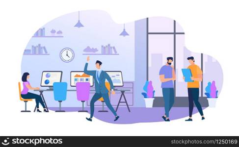Group of Young Business People Working Together Sit at Office Desk in Modern Coworker Center. Coworking Men and Woman Creative Workers Team. Brainstorming Meeting Cartoon Flat Vector Illustration. Group of Young Business People Working Together