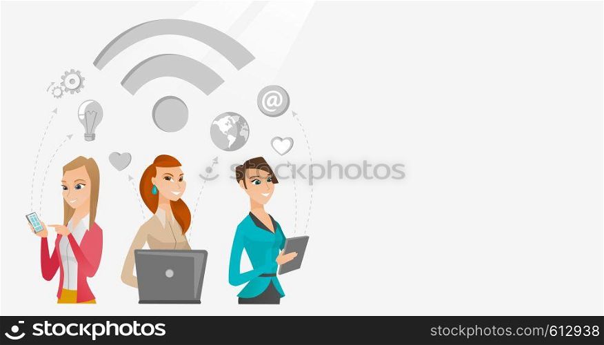 Group of young caucasian business women using technology in global business. Global business and globalization concept. Business technology concept. Vector flat design illustration. Horizontal layout.. Business women taking part in global business.