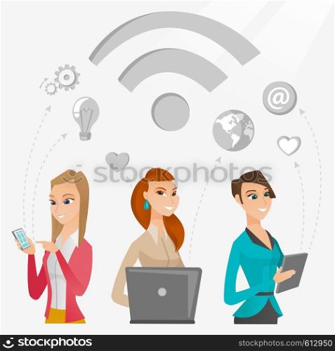 Group of young caucasian business women using technology in global business. Global business and globalization concept. Business technology concept. Vector flat design illustration. Square layout.. Business women taking part in global business.