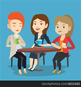 Group of young caucasian friends drinking hot and alcoholic drinks. Three smiling friends hanging out together in a cafe. Friends relaxing in cafe. Vector flat design illustration. Square layout.. Group of women drinking hot and alcoholic drinks.
