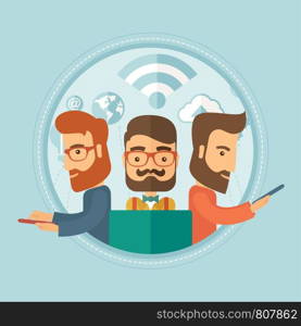 Group of young caucasian hipster business people using different gadgets. Business technology, international partnership concept. Vector flat design illustration in the circle isolated on background.. Businessmen taking part in global business.