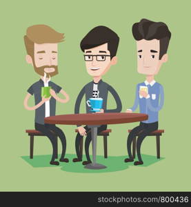 Group of young caucasian men drinking hot and alcoholic drinks. Three smiling friends hanging out together in a cafe. Relaxation and friendship concept. Vector flat design illustration. Square layout.. Group of men drinking hot and alcoholic drinks.