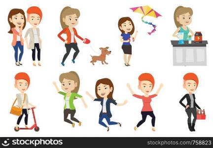 Group of young cheerful friends having fun and jumping. Two caucasian friends sharing gossips. Smiling friends discussing gossips. Set of vector flat design illustrations isolated on white background.. Vector set of people during leisure activity.