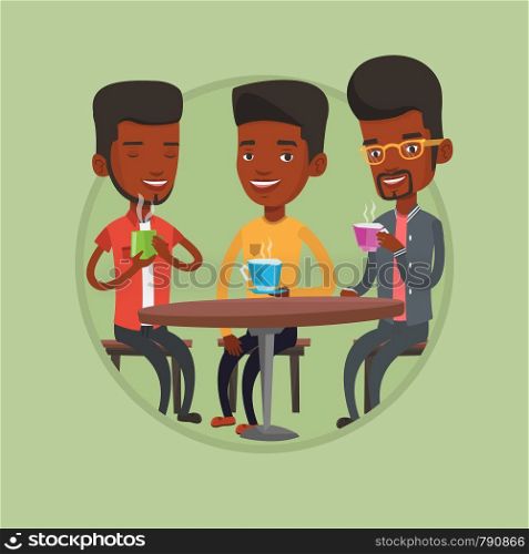 Group of young friends drinking hot and alcoholic drinks in cafe. Three friends hanging out together in a cafe. Friendship concept. Vector flat design illustration in the circle isolated on background. Group of men drinking hot and alcoholic drinks.