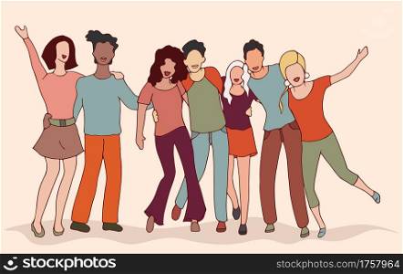 Group of young friends hugging and smiling having fun. Diversity people. Teamwork community cooperation partnership and friendship concept. Happy youth. Male and female together. Peace