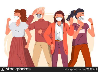Group of young girls wear face medical masks protesting against spreading virus. Women calling to fight with virus. Attention to world virus pandemic. Cartoon vector characters at flat background. Group of women in face medical masks protesting against spreading virus, world pandemic concept