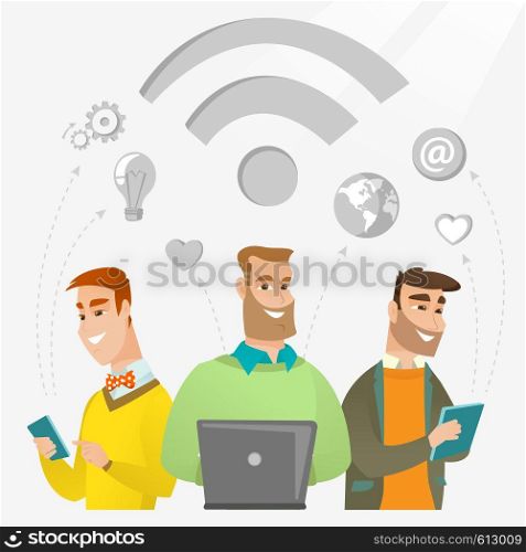 Group of young happy caucasian businessmen using technology in global business. Global business and globalization concept. Business technology concept. Vector flat design illustration. Square layout.. Businessmen taking part in global business.
