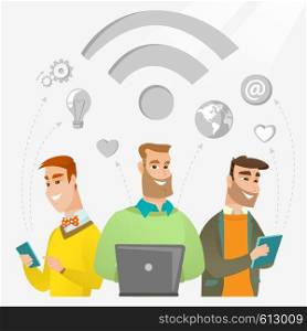 Group of young happy caucasian businessmen using technology in global business. Global business and globalization concept. Business technology concept. Vector flat design illustration. Square layout.. Businessmen taking part in global business.