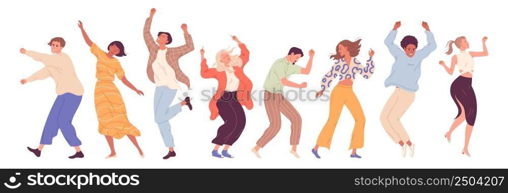 Group of young happy dancing people, dancing characters. Dance party, disco.. Group of young happy dancing people, dancing characters. Dance party, disco