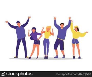 Group of young happy dancing people isolated on white background
