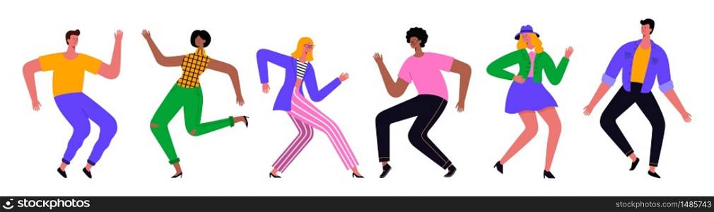 Group of young happy dancing people or male and female dancers isolated on white background. Vector illustration flat design. Use in Web Project and Applications.