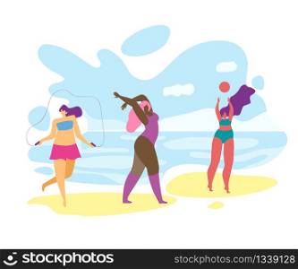 Group of Young Happy Overweight Girls Playing and Relaxing on Seaside Background with Beach, Blue Sky and Sandy Coast. Summer Time Active Lifestyle. Body Positive. Cartoon Flat Vector Illustration.. Overweight Girls Playing and Relaxing on Seaside