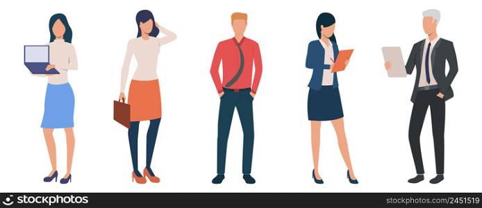 Group of young male and female entrepreneurs. Set of business people with documents and devices. Vector illustration can be used for presentation, commercial, article. Group of young male and female entrepreneurs
