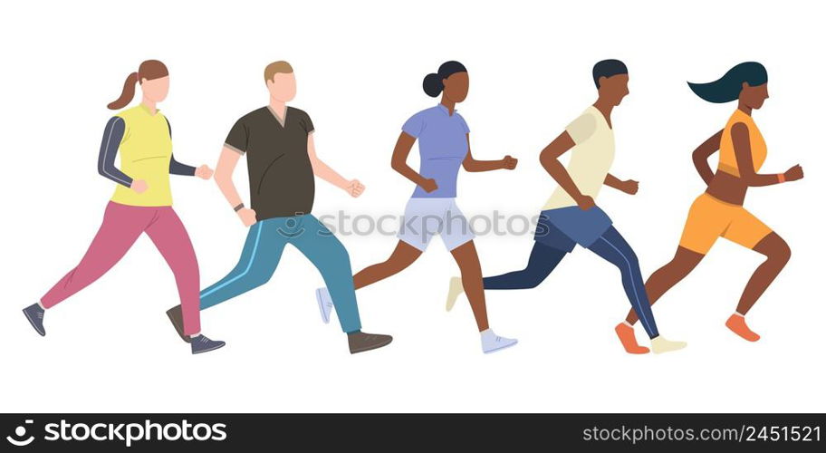 Group of young male and female runners. Set of people jogging for each other. Vector illustration can be used for presentation, competition, article. Group of young male and female runners