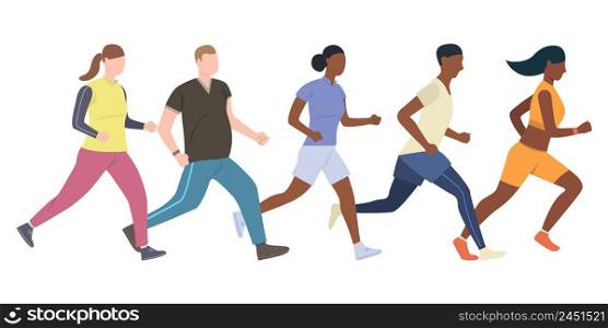 Group of young male and female runners. Set of people jogging for each other. Vector illustration can be used for presentation, competition, article. Group of young male and female runners