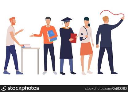 Group of young male and female students with textbooks. Set of university students in different positions. Vector illustration can be used for presentation, studying at university, article. Group of young male and female students with textbooks