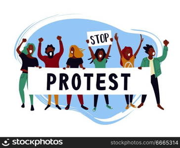 Group of young men and women standing together and holding blank banner. People taking part in parade or rally. Male and female protesters or activists. Flat cartoon colorful vector illustration.