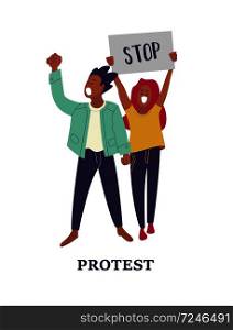 Group of young men and women standing together and holding blank banner. People taking part in parade or rally. Male and female protesters or activists. Flat cartoon colorful vector illustration.
