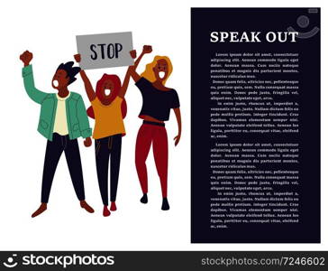 Group of young men and women standing together and holding blank banner. People taking part in parade or rally. Male and female protesters or activists. Flat cartoon colorful vector illustration.