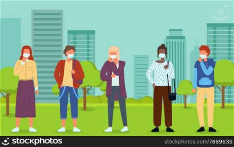 Group of young multinational people in medical masks at background of city park. Concept of viral epidemic. Set of characters in protection masks at the distance. Vector illustration in flat style. Set of multinational characters in face medical masks at city park background, viral pandemia