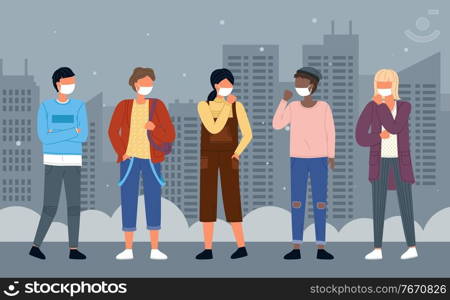 Group of young multinational people in medical masks at background of night city. Concept of viral coronavirus epidemic. Set of characters in protection masks at the distance. Vector in flat style. Set of multinational characters wearing face medical masks at night city background, viral epidemic