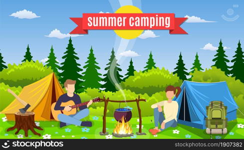 Group of young people are sitting around campfire. Young tourists, campers cartoon characters. Man playing guitar. Vector illustration in flat style. Group of young people are sitting around campfire