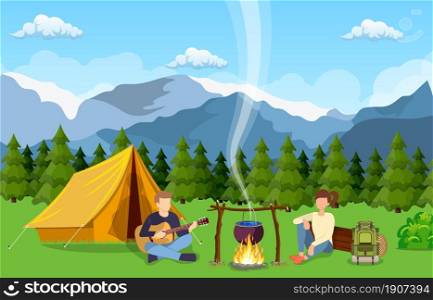Group of young people are sitting around campfire. Young tourists, campers cartoon characters. Man playing guitar. Vector illustration in flat style. Group of young people are sitting around campfire