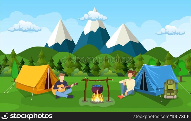 Group of young people are sitting around campfire. Young tourists, campers cartoon characters. Man playing guitar. Vector illustration in flat style. Group of young people are sitting around campfire