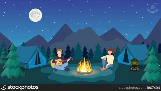 Group of young people are sitting around campfire. Young tourists, campers cartoon characters. Man playing guitar. Vector illustration in flat style. Group of young people are sitting around campfire