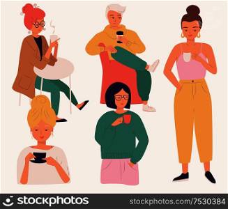 Group of young people drinking coffee. Women and man, young people, sitting and standing, enjoying a beverage, isolated flat vector illustration