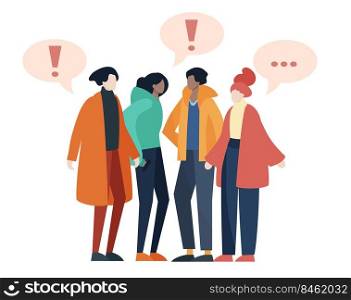 Group of young people in urban clothes talking. Flat design illustration isolated on white.. Group of young people in urban clothes talking.