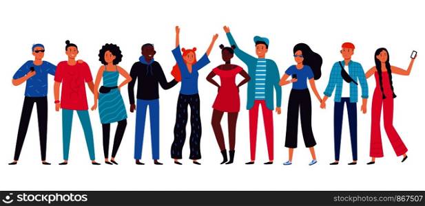 Group of young people. Teenagers team, happy teenager with friends and student person lifestyle. Working corporate conference, human friendship communication flat vector illustration. Group of young people. Teenagers team, happy teenager with friends and student person lifestyle flat vector illustration