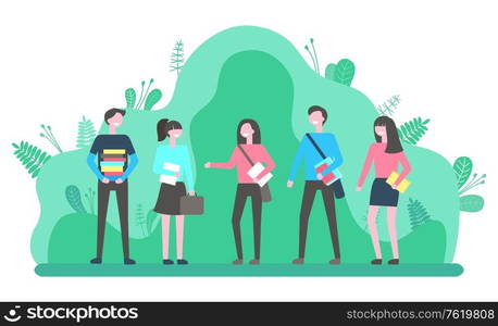 Group of young people walking in park together. Students holding bags and textbooks have conversation outdoors. Full length view of standing teenagers. Back to school. Group of Young People Outdoors Communicate Vector