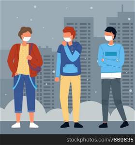 Group of young people wearing medical masks at background of night city. Concept of viral epidemic. Set of characters in protection masks during spreading virus. Vector illustration in flat style. Three men hipsters wearing facial medical masks at background of city buildings, vector illustration