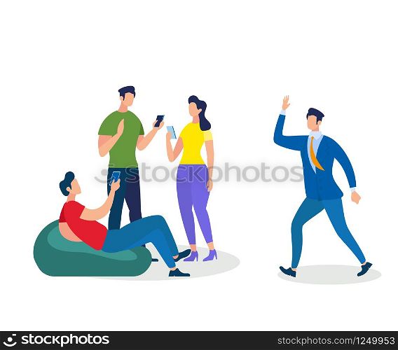 Group of Young People Working and Relaxing Together Using Gadgets Isolated on White Background. Coworking, Education, Creative Team Work of Men and Women Meeting Cartoon Flat Vector Illustration. Group of Young People Work and Relaxing Together