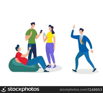 Group of Young People Working and Relaxing Together Using Gadgets Isolated on White Background. Coworking, Education, Creative Team Work of Men and Women Meeting Cartoon Flat Vector Illustration. Group of Young People Work and Relaxing Together