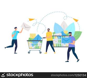 Group of Young Running Men Pushing Supermarket Trolley Full of Envelopes on White Background with Leaves. Shopping Cart with Correspondence, Flying Paper Airplanes Cartoon Flat Vector Illustration. Young Men Pushing Trolley Full of Paper Envelopes