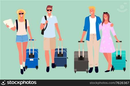 Group of young travelers with luggage. Male and female tourists with suitcases on wheels and map. Couple of people going on summer vacation vector. Flat cartoon. Group of Friends Tourists with Luggage Vector