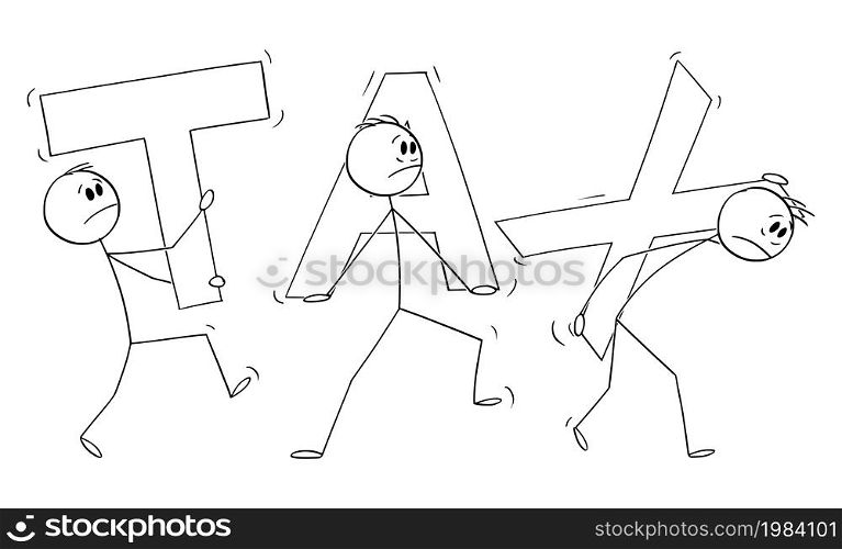 Group or businessmen or people carrying heavy taxes, financial concept , vector cartoon stick figure or character illustration.. Group of People or Businessmen Carrying Heavy Taxes , Vector Cartoon Stick Figure Illustration