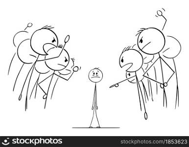 Group or crowd of people is blaming guilty person , vector cartoon stick figure or character illustration.. Crowd or People or Colleagues Is Blaming Guilty Person , Vector Cartoon Stick Figure Illustration