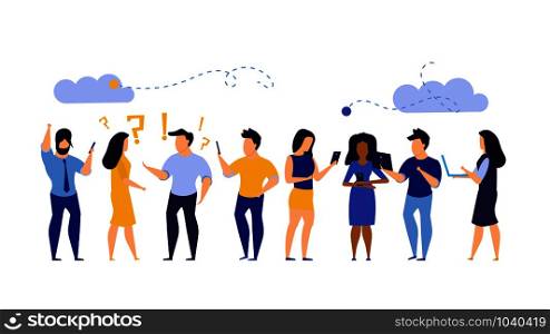 Group people chat on mobile phone illustration chat feedback vector. Man and woman person communication social business background speech. Talk concept conversation discussion teamwork banner