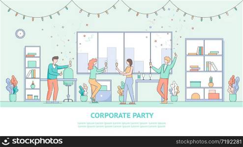 Group People Company Employee Celebrates Holiday. Flat Banner Illustration Man and Woman are Relaxing on Corporate Party. Decorated Interior Modern Office. Cityscape Outside Window. Drinking Alcohol