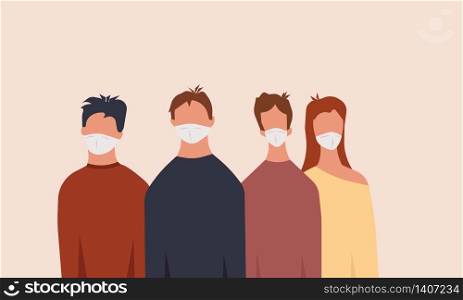 Group people man and woman with medical mask vector illustration. Face protection disease sick coronavirus. Epidemic quarantine warning pandemic character