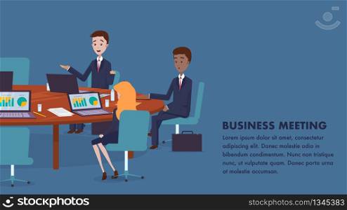 Group People Sitting at Table at Business Meeting. Flat Illustration Banner Man and Woman Use Laptop for Work. Conference Company Employees. Work Space Businessman. Conference Hall