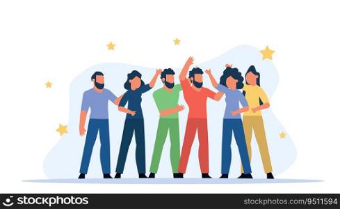 Group person friend together boy and girl vector illustration. Happy team friendship character diverse cartoon isolated. Social hug concept unity teenager relationship banner event. Bond partner