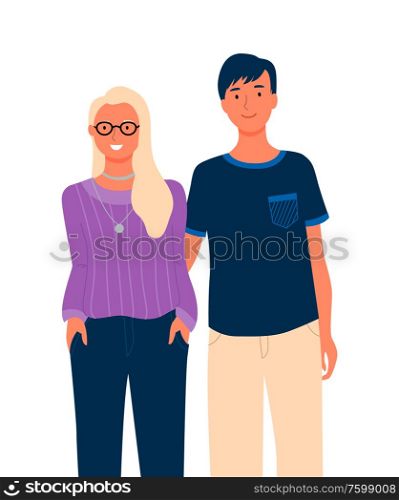 Group portrait of male and female character isolated full length people. Vector happy smiling couple or friends on photo. Young mother and father. Group Portrait Male and Female Character Isolated