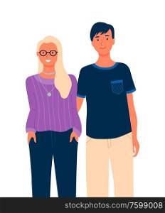 Group portrait of male and female character isolated full length people. Vector happy smiling couple or friends on photo. Young mother and father. Group Portrait Male and Female Character Isolated